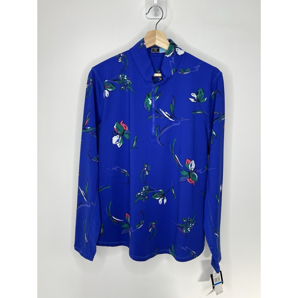 PGA Tour 1/4 Zip Pullover Golf Womens XL Blue Floral Vented Mesh Long Sleeve NWT